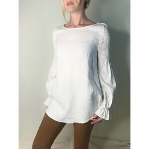 MARLE Smocked Arm White 100% Linen Long Sleeve Ruffle Sleeve Blouse US 8
